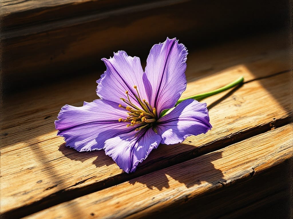 Purple flower in sunlight on rustic wood windowsill, soft shadows and golden hour glow evoke warmth and nostalgia.